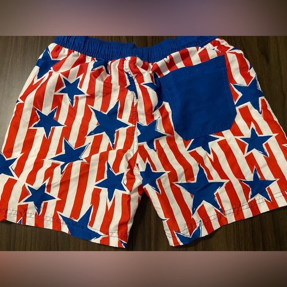 Mad Engine Men’s Small Patriotic Blue and Red Star Swim Trunks - Picture 2 of 5